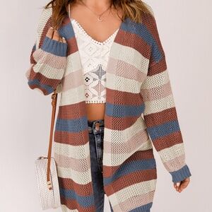 B053 Blue Striped Color Block Hallowed Knit Cardigan